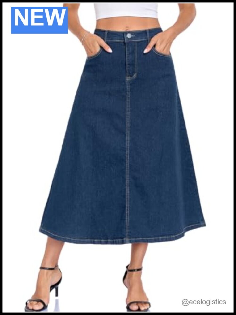 Stretch Denim Maxi Skirt High Waisted A-Line Flared with Pockets